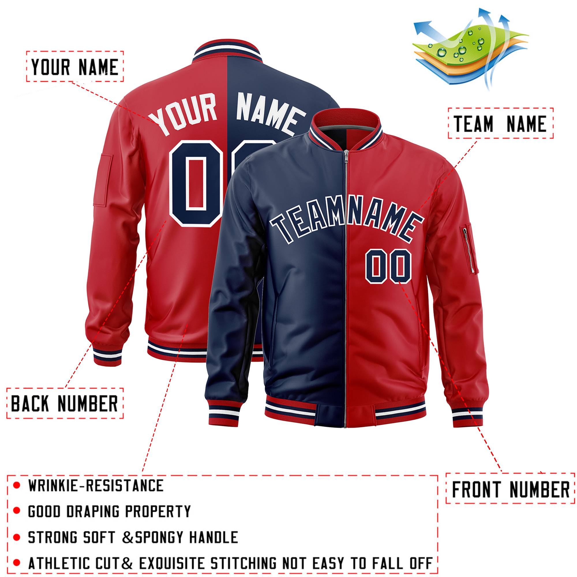 Custom Navy Red Split Varsity Full-Zip Two Tone Letterman Bomber Jacket