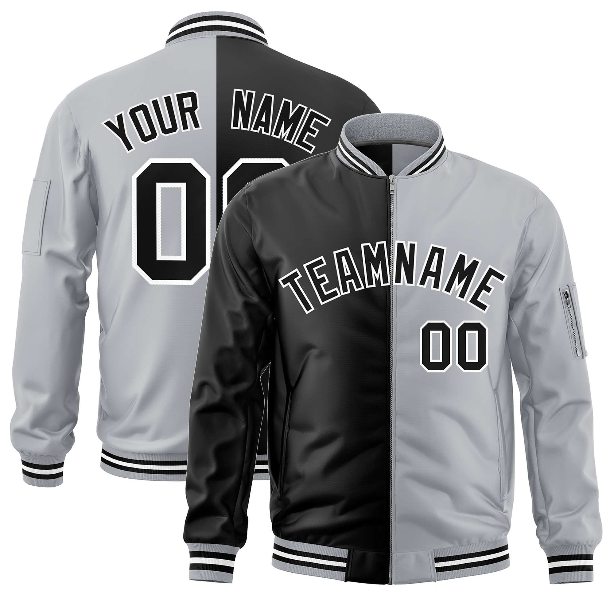 Custom Black Gray Split Varsity Full-Zip Two Tone Letterman Bomber Jacket