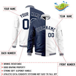 Custom Navy White Split Varsity Full-Zip Two Tone Letterman Bomber Jacket