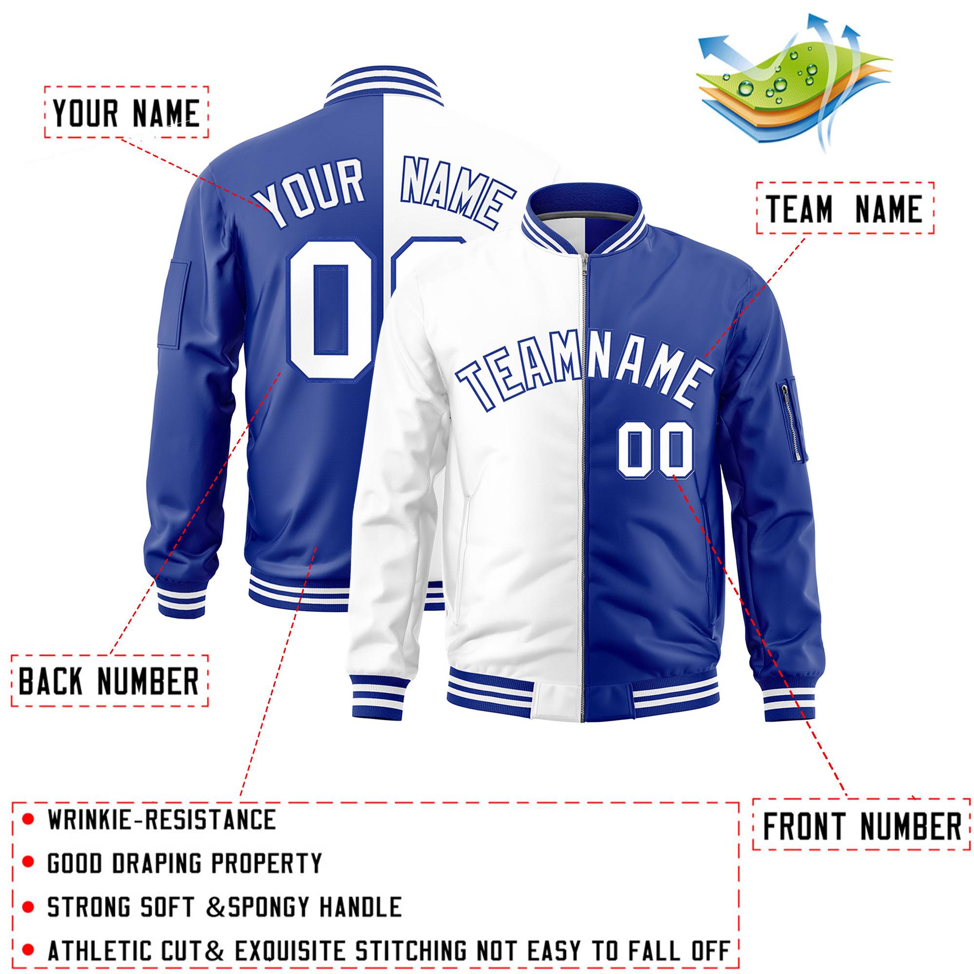 Custom White Royal Split Varsity Full-Zip Two Tone Letterman Bomber Jacket