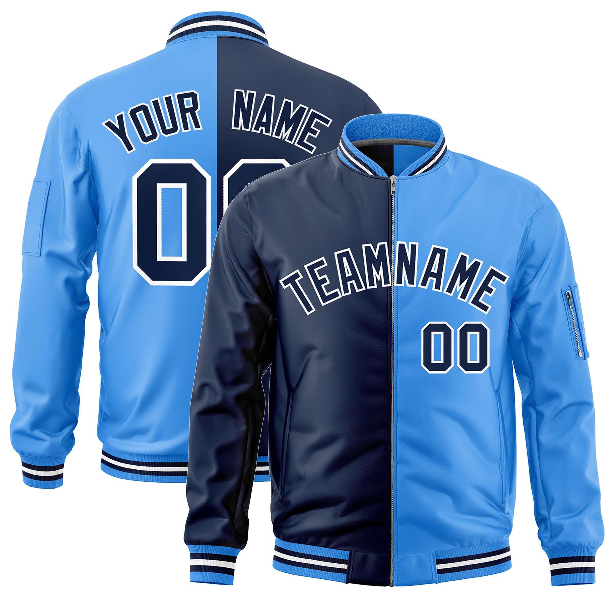 Custom Navy Powder Blue Split Varsity Full-Zip Two Tone Letterman Bomber Jacket