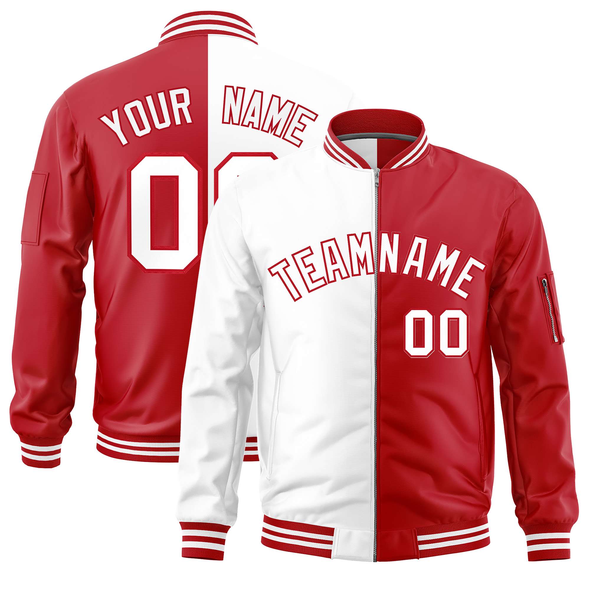 Custom White Red Split Varsity Full-Zip Two Tone Letterman Bomber Jacket