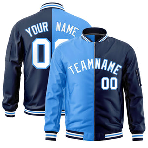 Custom Powder Blue Navy Split Varsity Full-Zip Two Tone Letterman Bomber Jacket