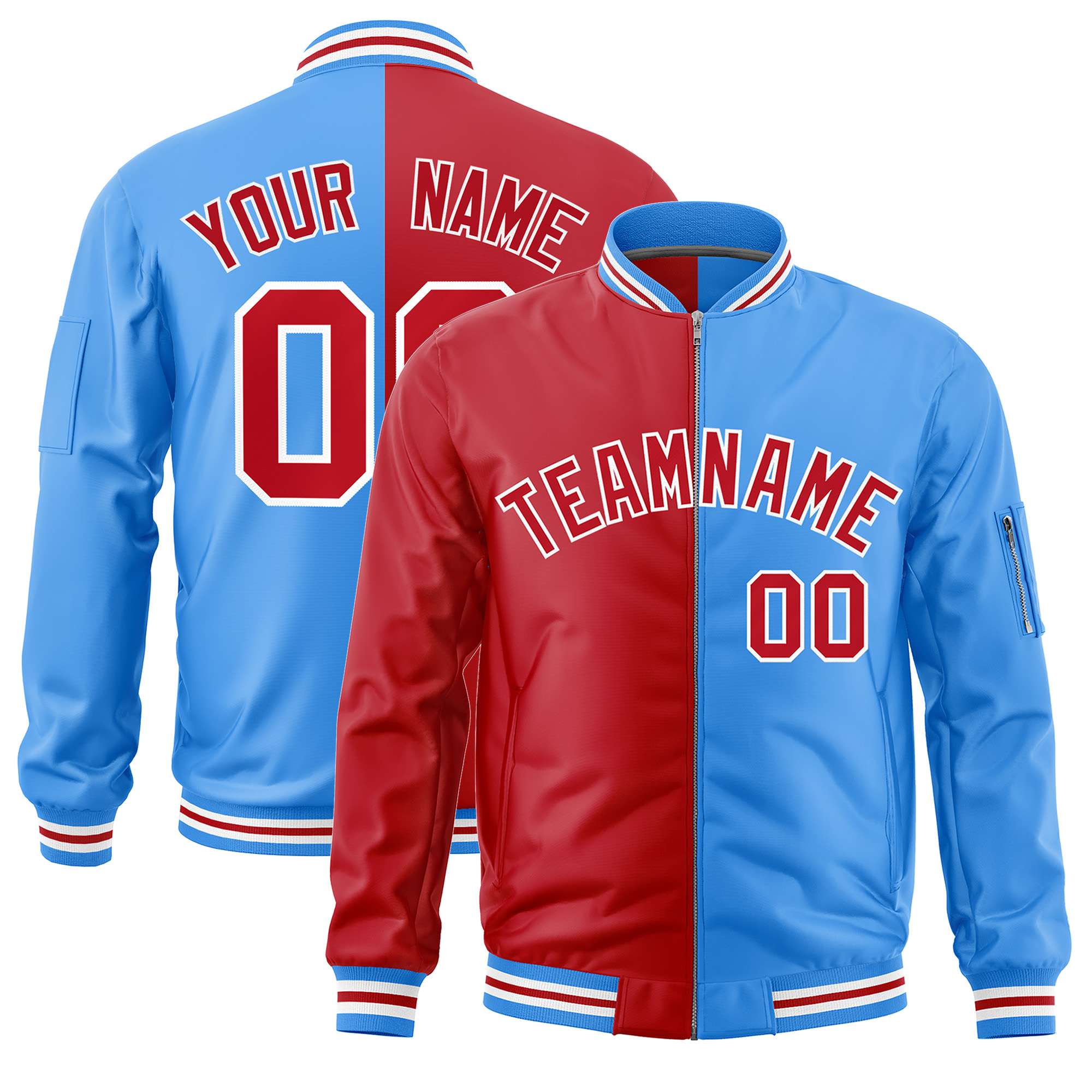 Custom Red Powder Blue Split Varsity Full-Zip Two Tone Letterman Bomber Jacket