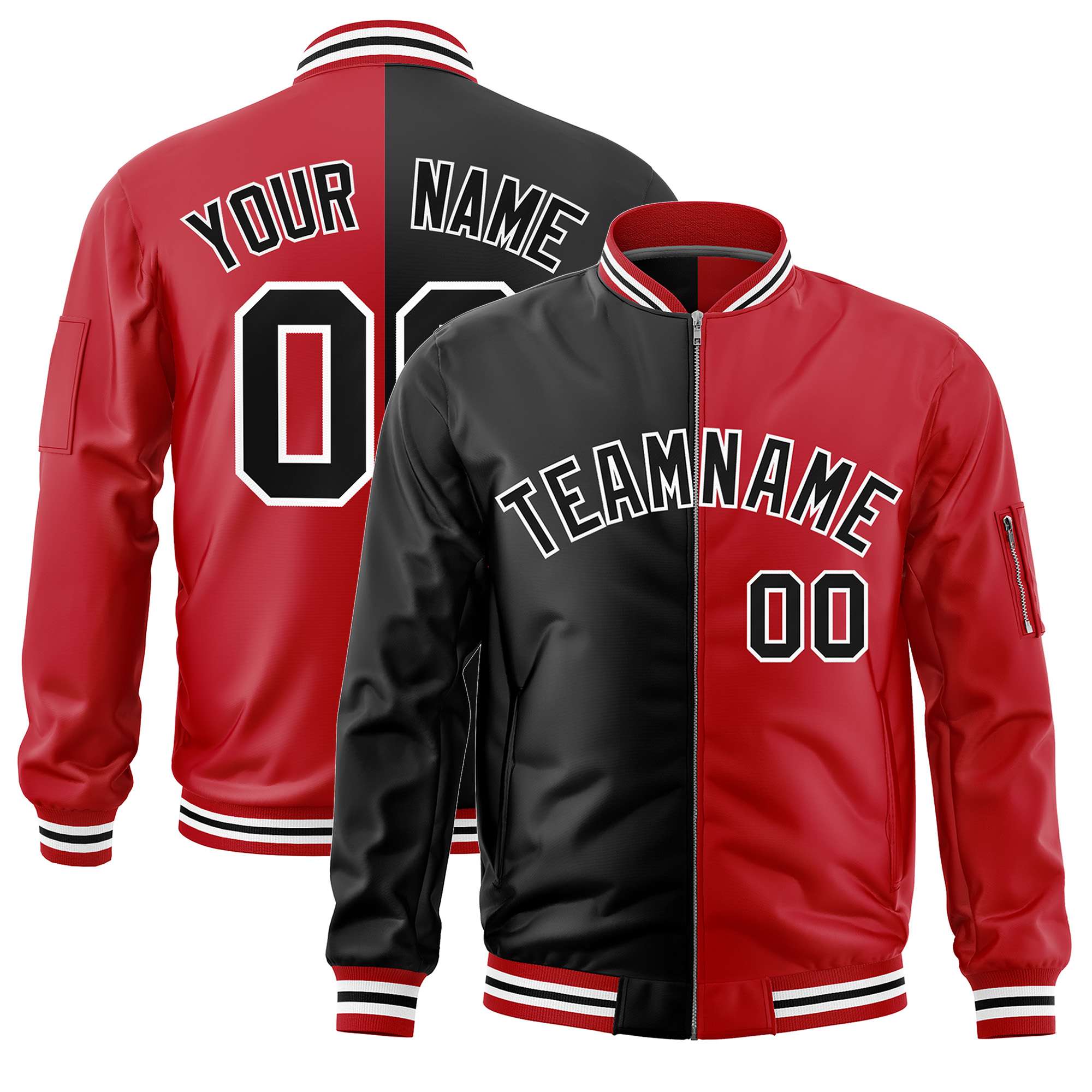 Custom Black Red Split Varsity Full-Zip Two Tone Letterman Bomber Jacket