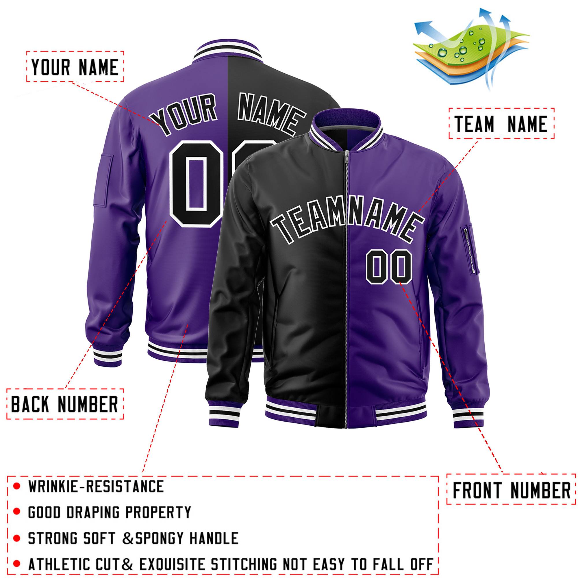 Custom Black Purple Split Varsity Full-Zip Two Tone Letterman Bomber Jacket