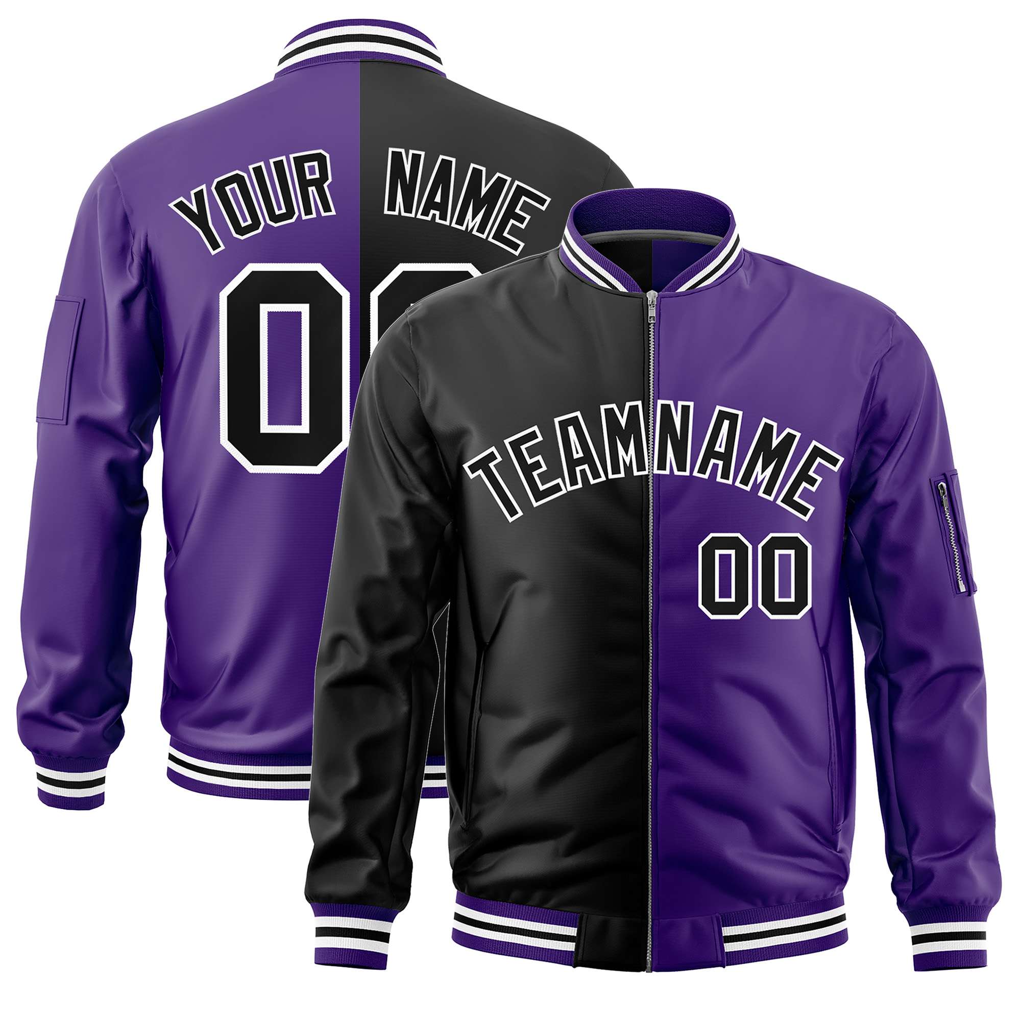 Custom Black Purple Split Varsity Full-Zip Two Tone Letterman Bomber Jacket