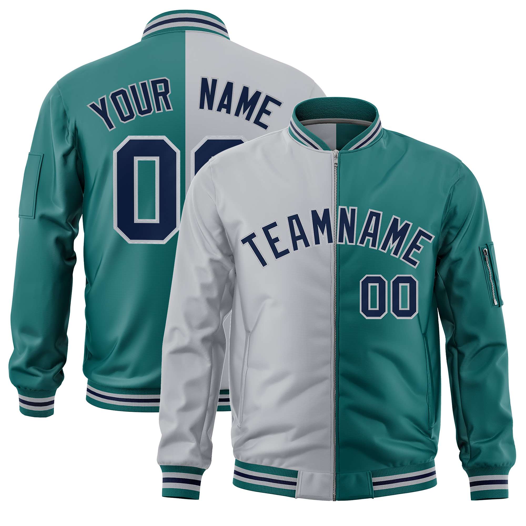 Custom Gray Aqua Split Varsity Full-Zip Two Tone Letterman Bomber Jacket