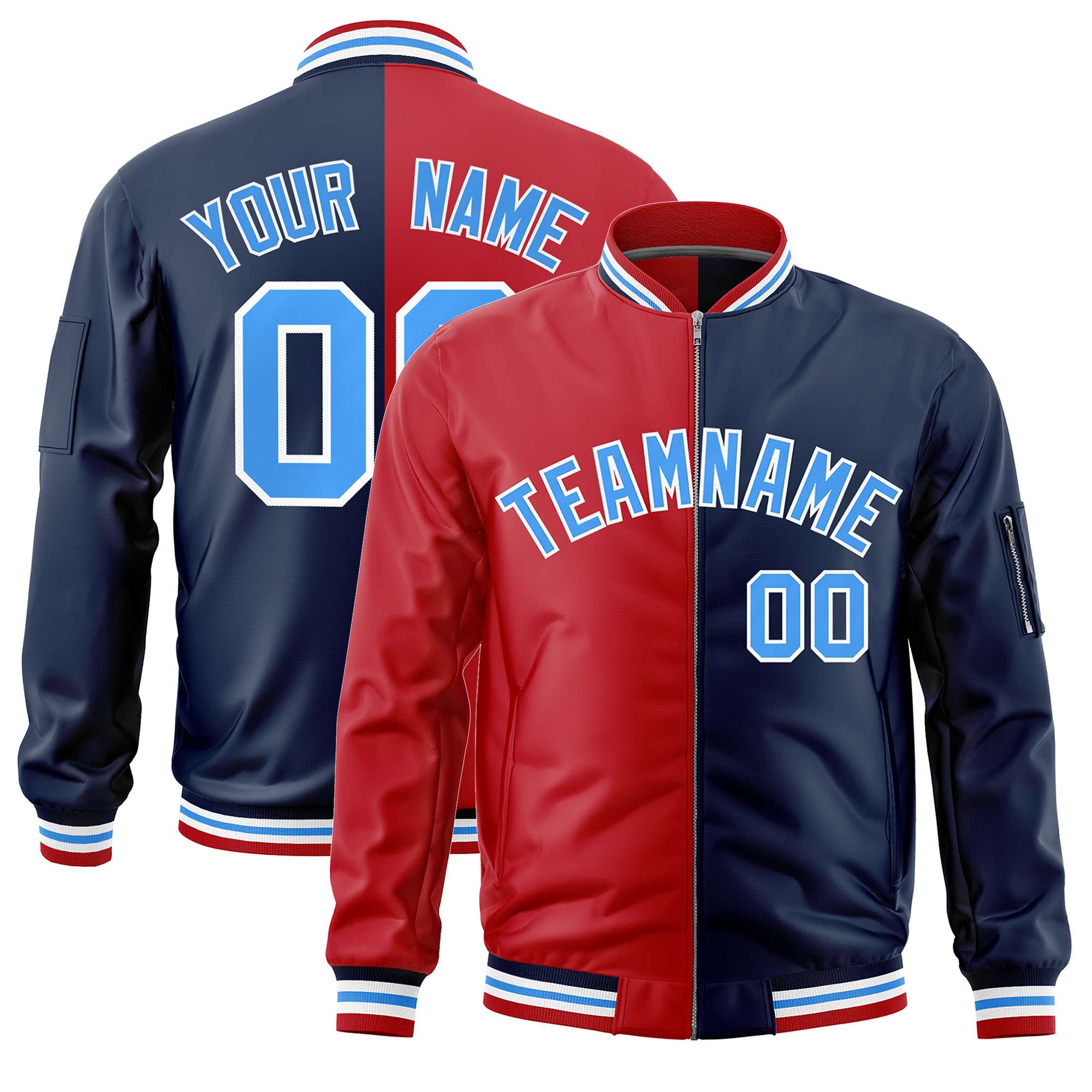 Custom Red Navy Split Varsity Full-Zip Two Tone Letterman Bomber Jacket