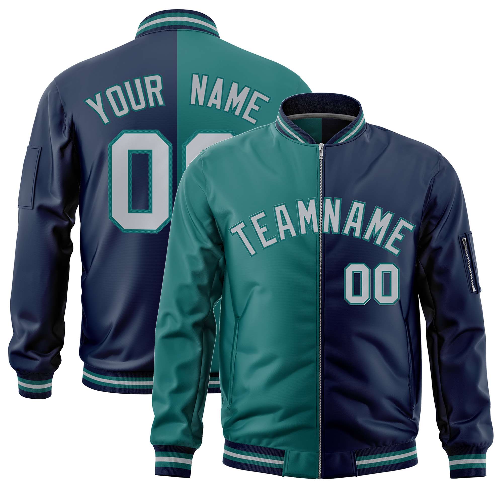 Custom Aqua Navy Split Varsity Full-Zip Two Tone Letterman Bomber Jacket