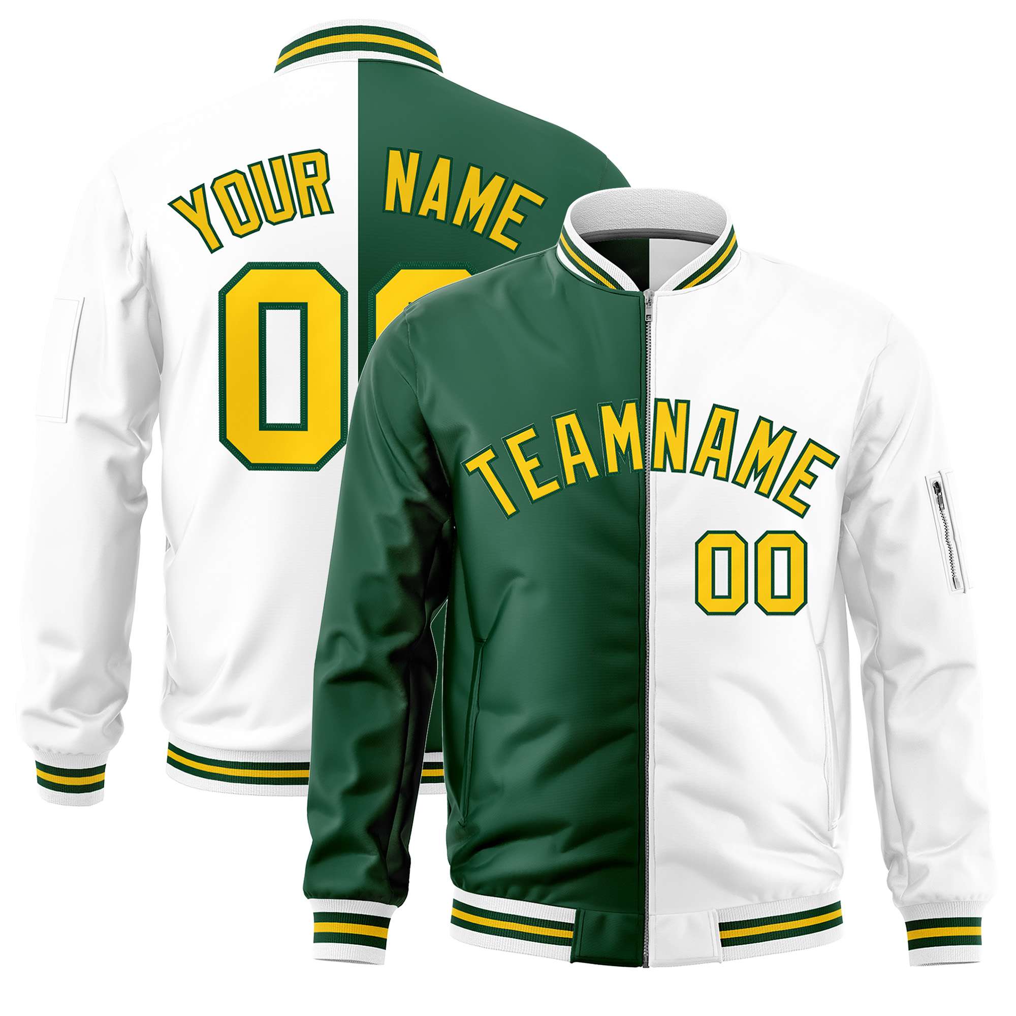 Custom Green White Split Varsity Full-Zip Two Tone Letterman Bomber Jacket