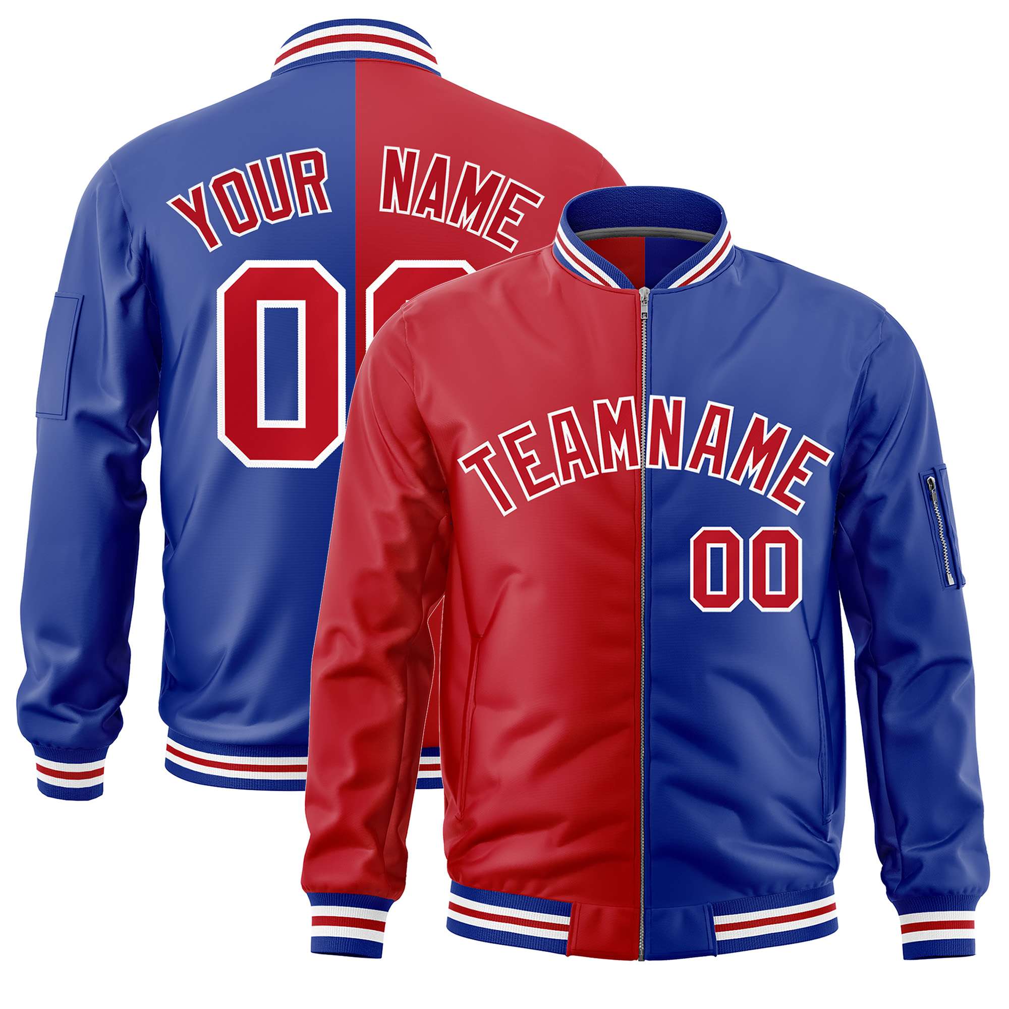 Custom Red Royal Split Varsity Full-Zip Two Tone Letterman Bomber Jacket