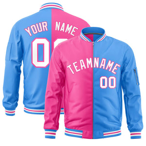 Custom Pink Powder Blue Split Varsity Full-Zip Two Tone Letterman Bomber Jacket