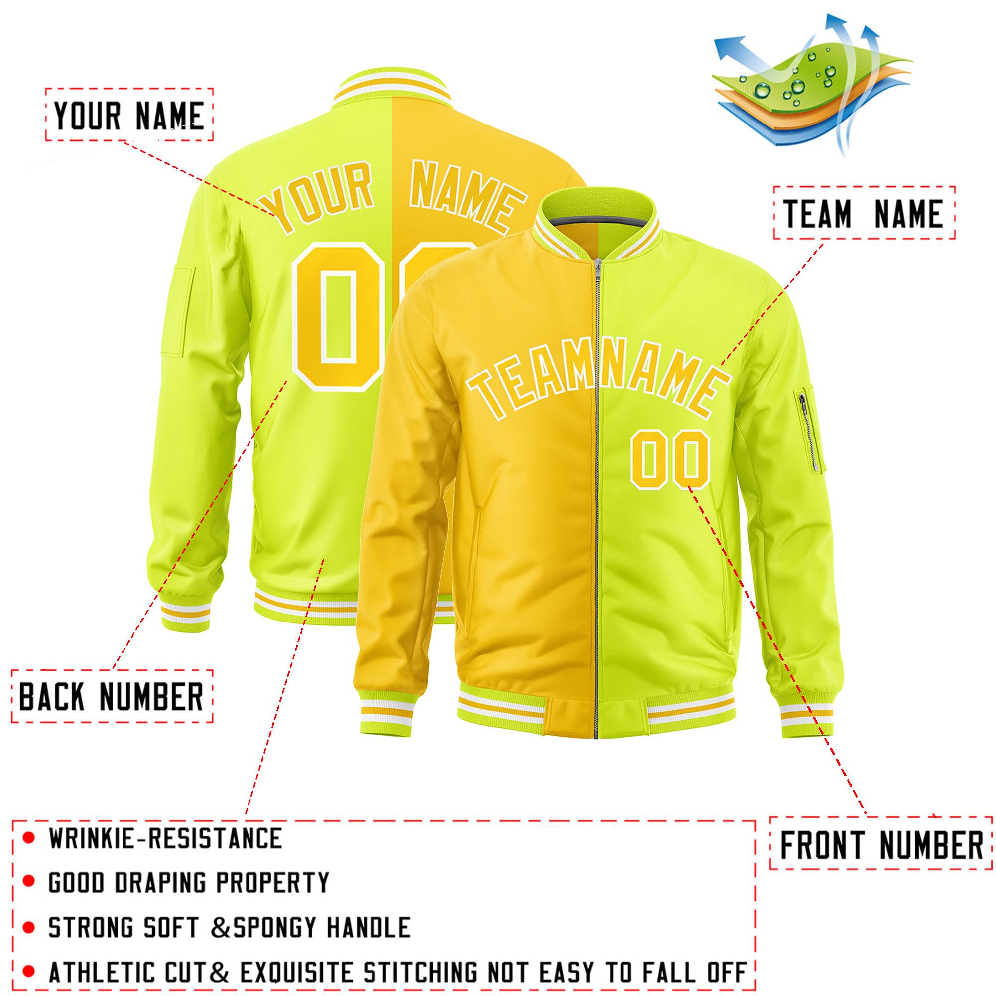 Custom Gold Fluorescent Green Split Varsity Full-Zip Two Tone Letterman Bomber Jacket