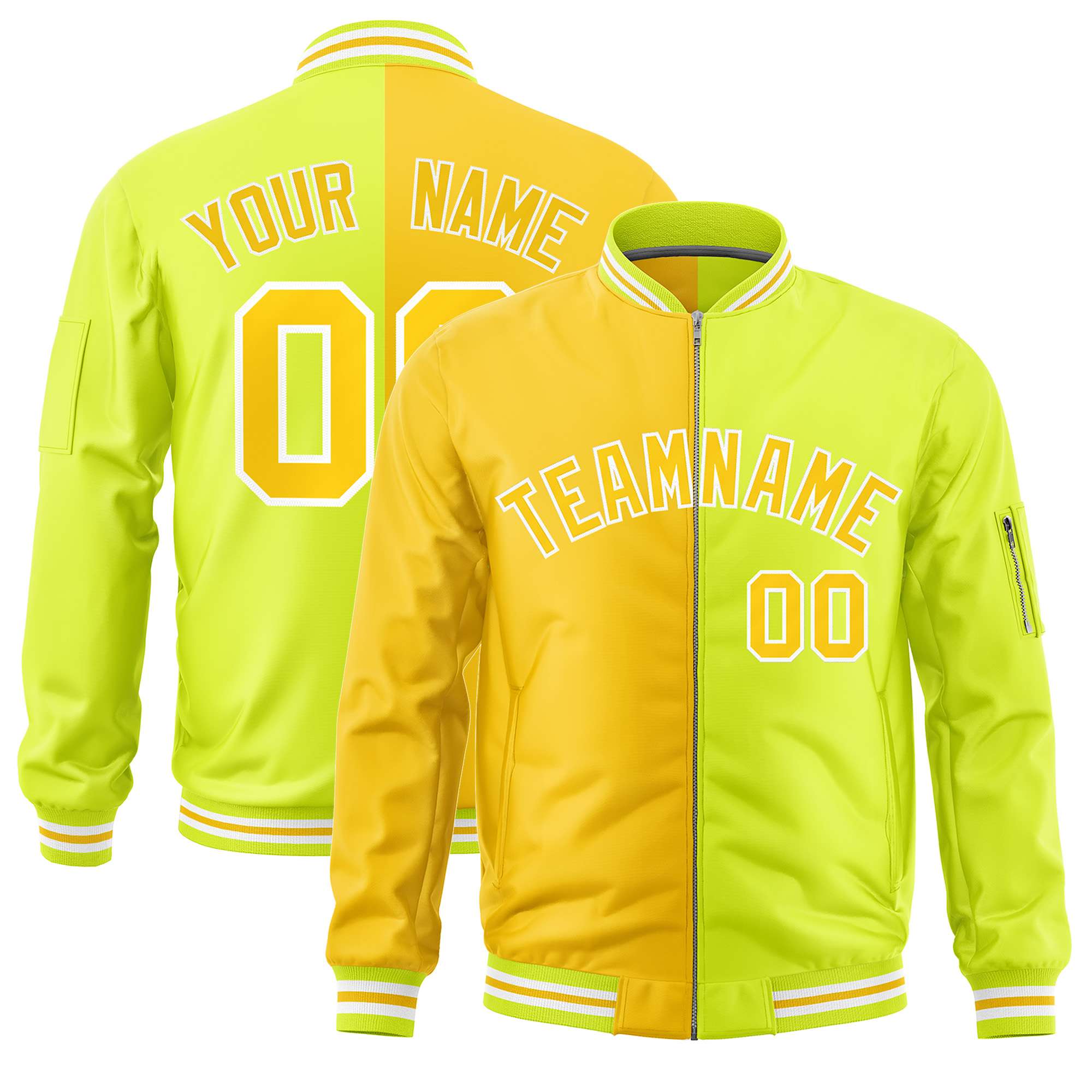 Custom Gold Fluorescent Green Split Varsity Full-Zip Two Tone Letterman Bomber Jacket