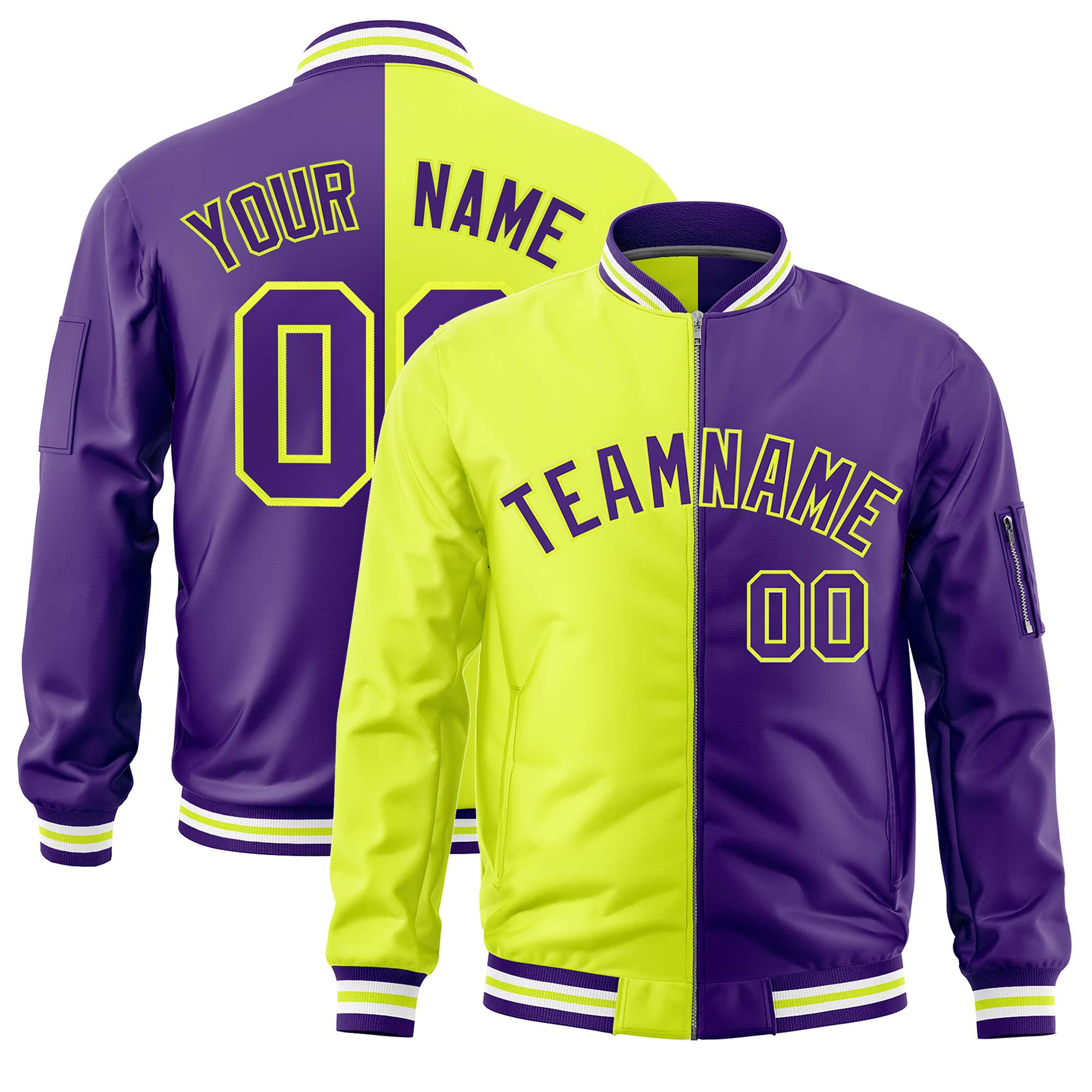 Custom Fluorescent Green Purple Split Varsity Full-Zip Two Tone Letterman Bomber Jacket