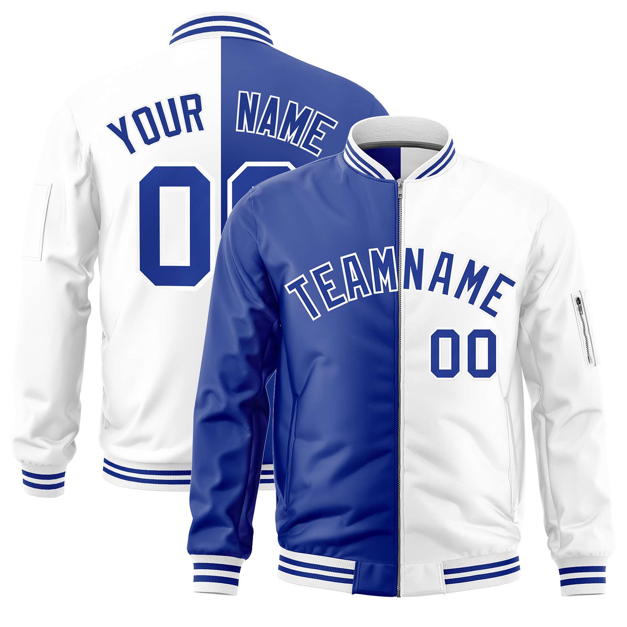 Custom Royal White Split Varsity Full-Zip Two Tone Letterman Bomber Jacket