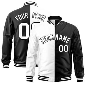 Custom White Black Split Varsity Full-Zip Two Tone Letterman Bomber Jacket