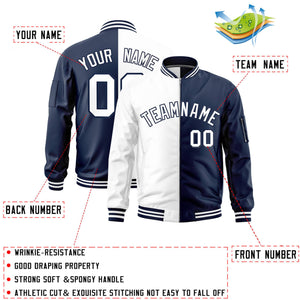 Custom White Navy Split Varsity Full-Zip Two Tone Letterman Bomber Jacket