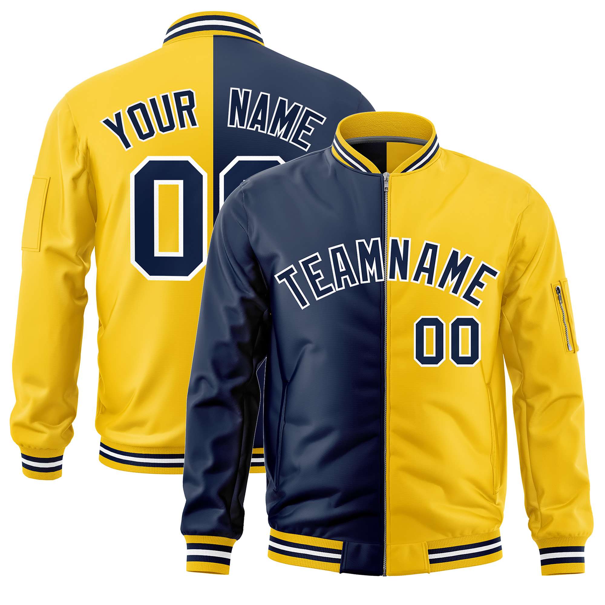 Custom Navy Gold Split Varsity Full-Zip Two Tone Letterman Bomber Jacket