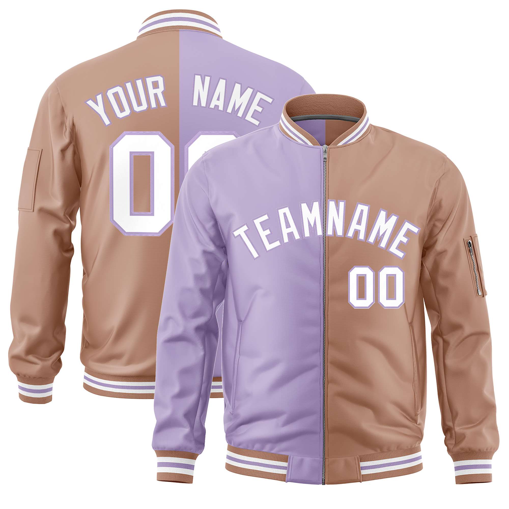 Custom Light Purple Light Brown Split Varsity Full-Zip Two Tone Letterman Bomber Jacket