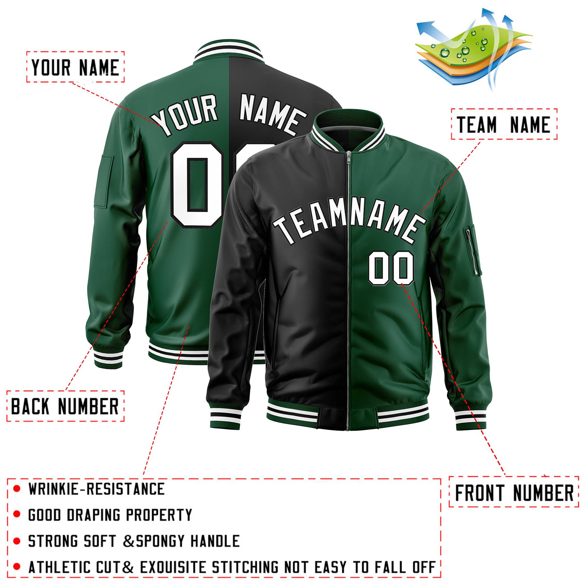 Custom Black Green Split Varsity Full-Zip Two Tone Letterman Bomber Jacket