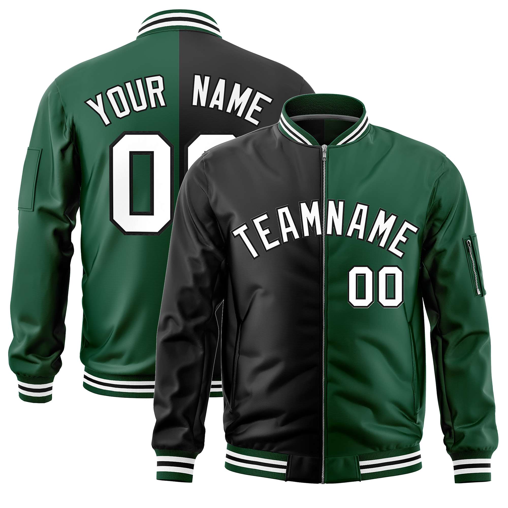 Custom Black Green Split Varsity Full-Zip Two Tone Letterman Bomber Jacket