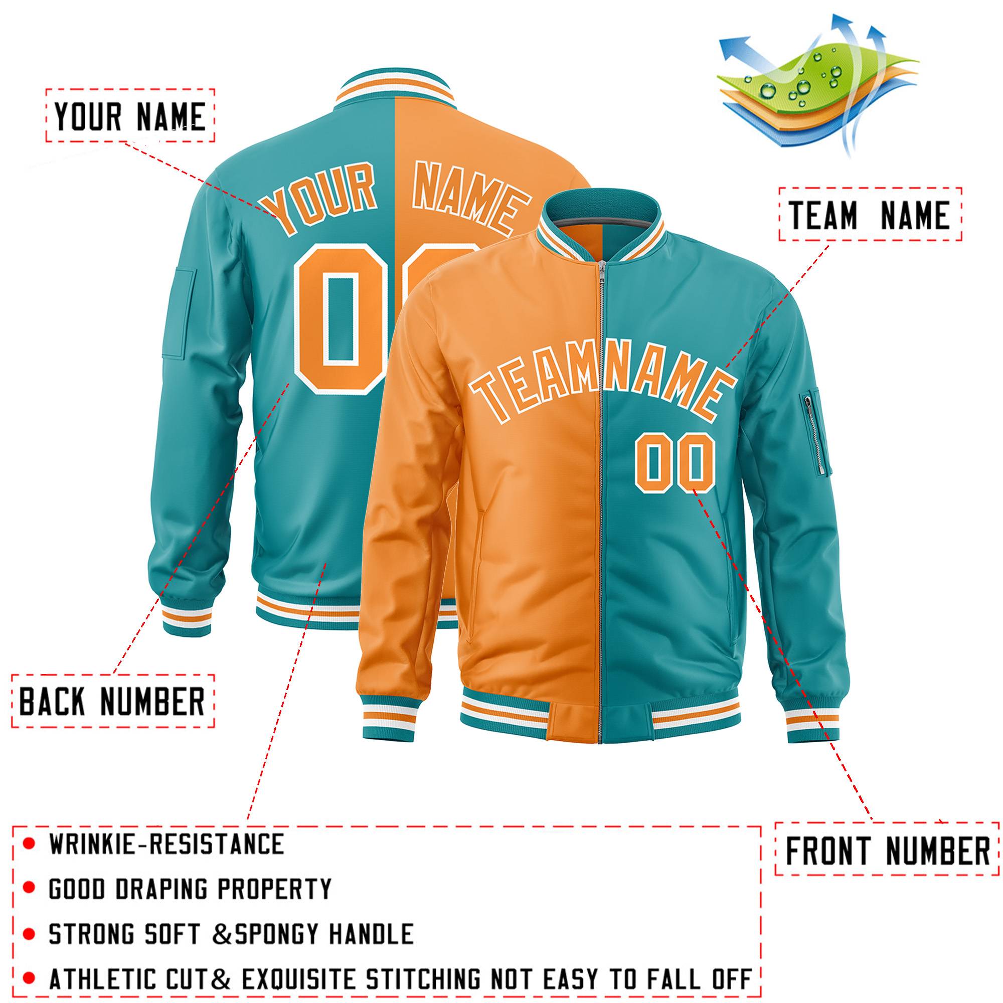 Custom Orange Aqua Split Varsity Full-Zip Two Tone Letterman Bomber Jacket