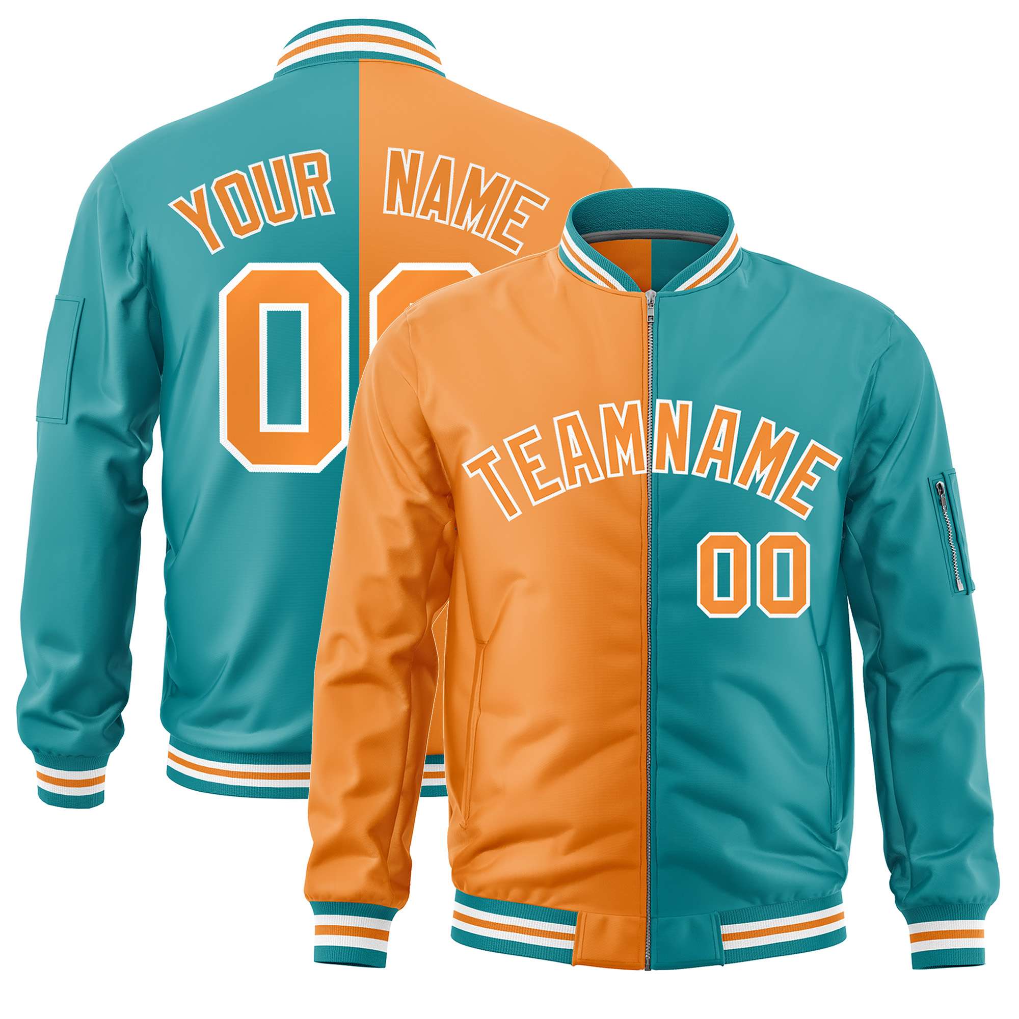 Custom Orange Aqua Split Varsity Full-Zip Two Tone Letterman Bomber Jacket