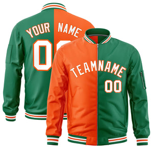 Custom Orange Kelly Green Split Varsity Full-Zip Two Tone Letterman Bomber Jacket