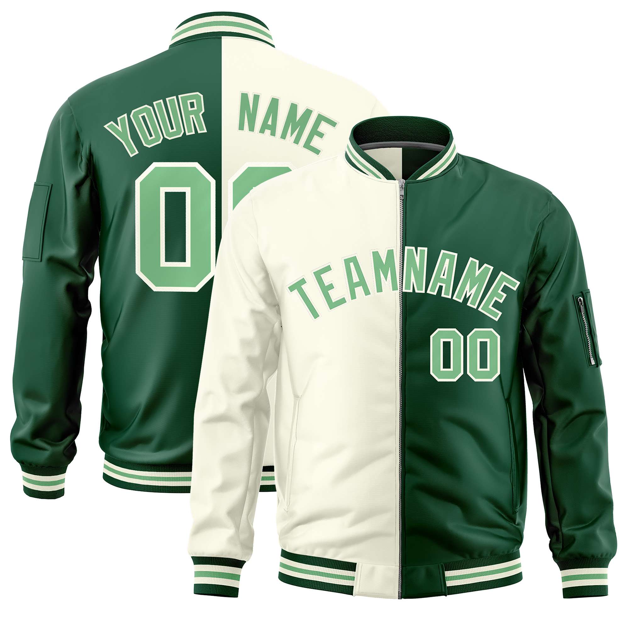 Custom Cream Green Split Varsity Full-Zip Two Tone Letterman Bomber Jacket