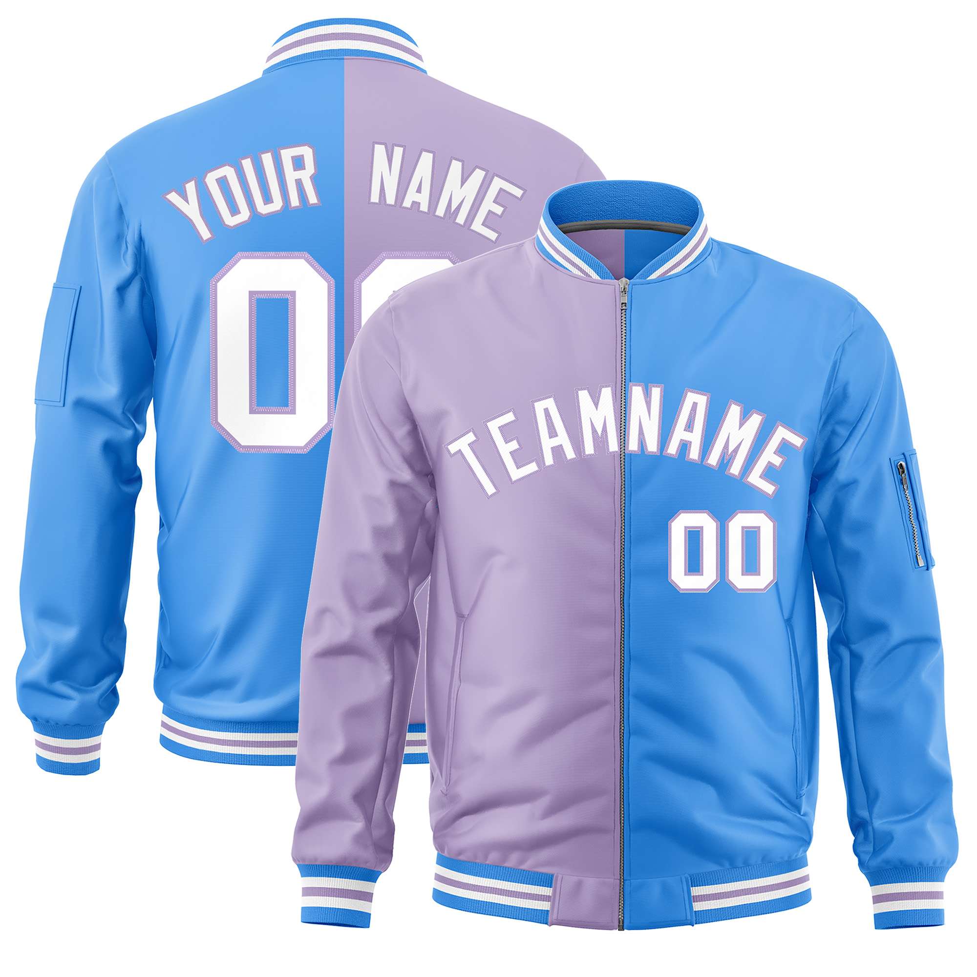 Custom Light Purple Powder Blue Split Varsity Full-Zip Two Tone Letterman Bomber Jacket