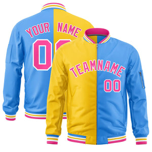 Custom Gold Powder Blue Split Varsity Full-Zip Two Tone Letterman Bomber Jacket