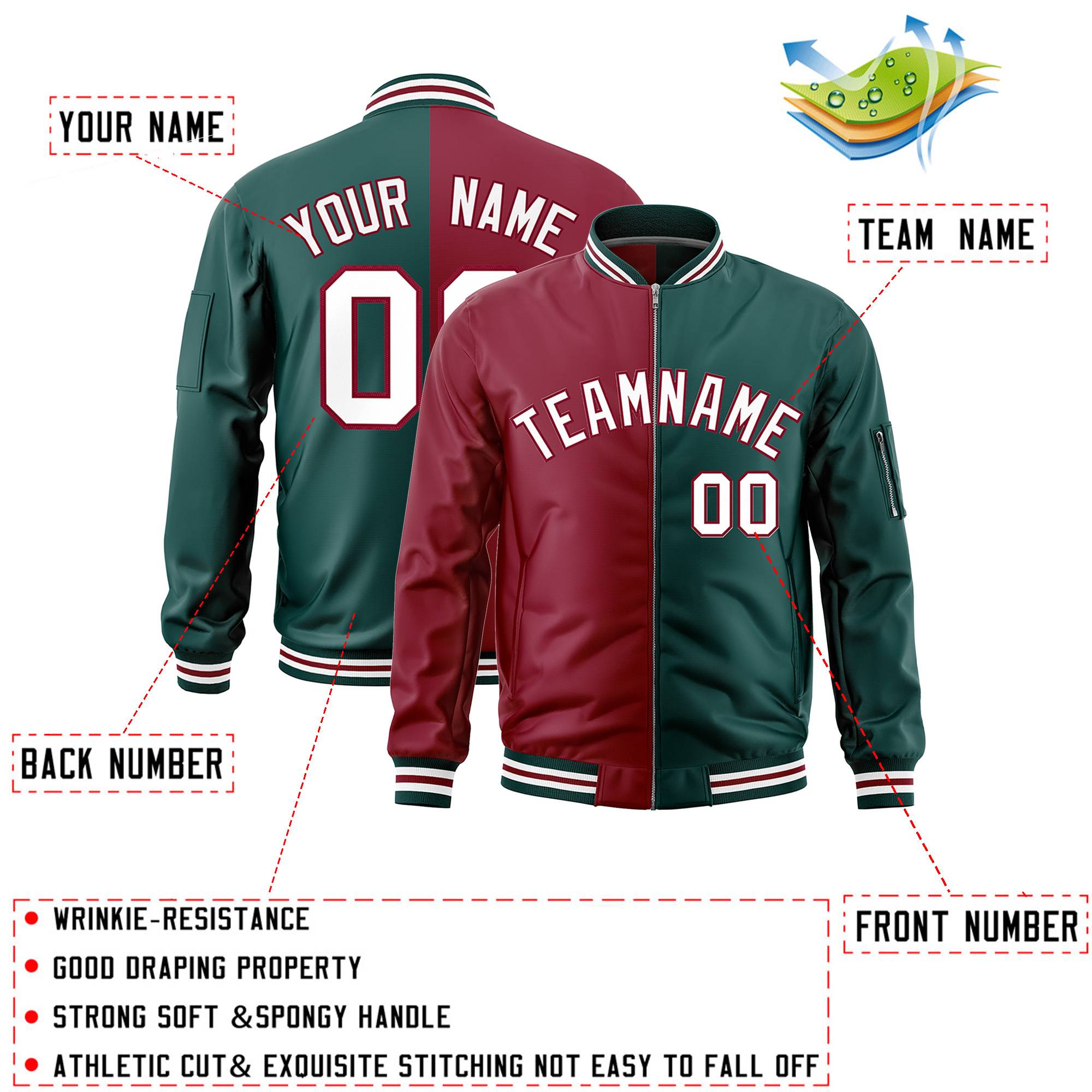 Custom Crimson Midnight Green Split Varsity Full-Zip Two Tone Letterman Bomber Jacket