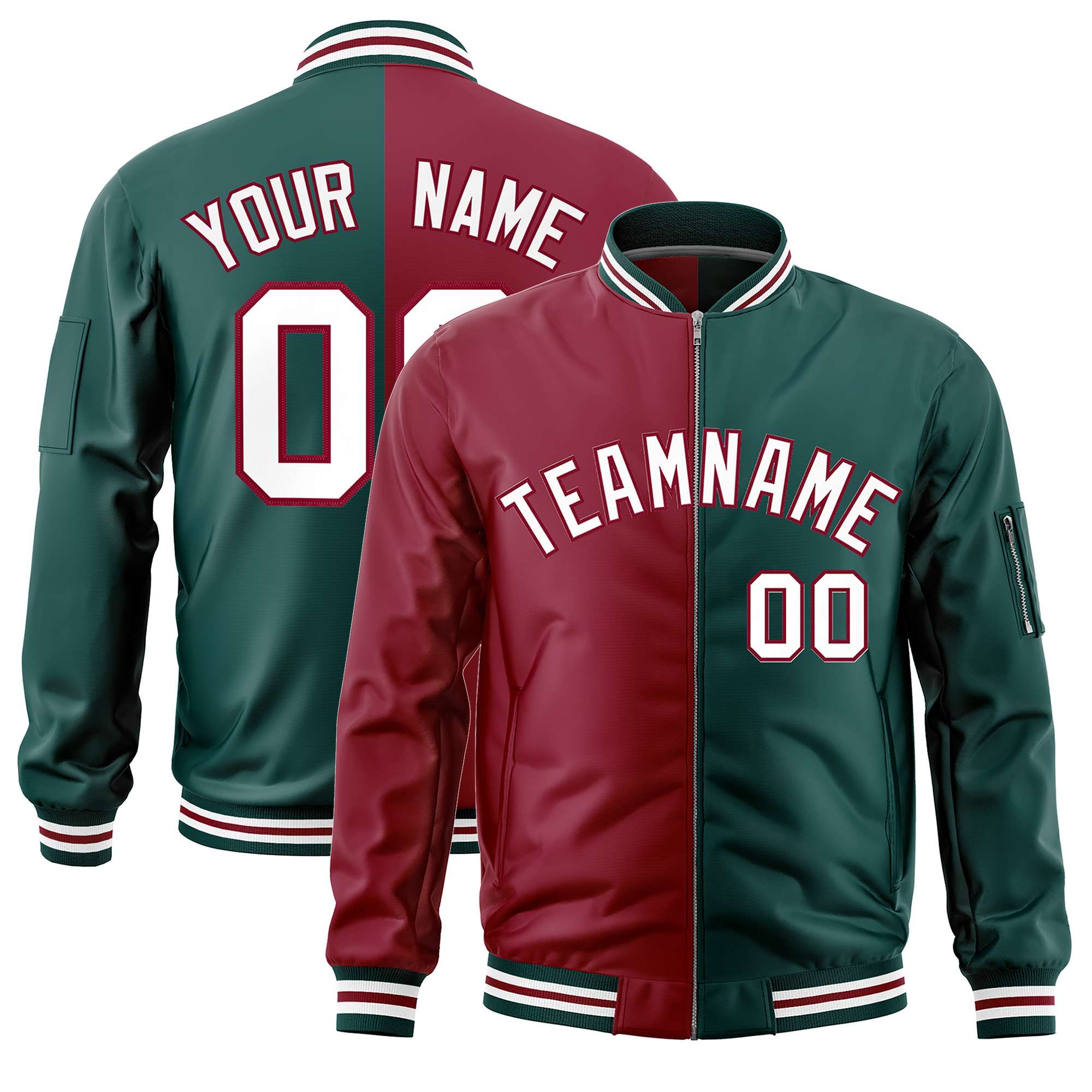 Custom Crimson Midnight Green Split Varsity Full-Zip Two Tone Letterman Bomber Jacket