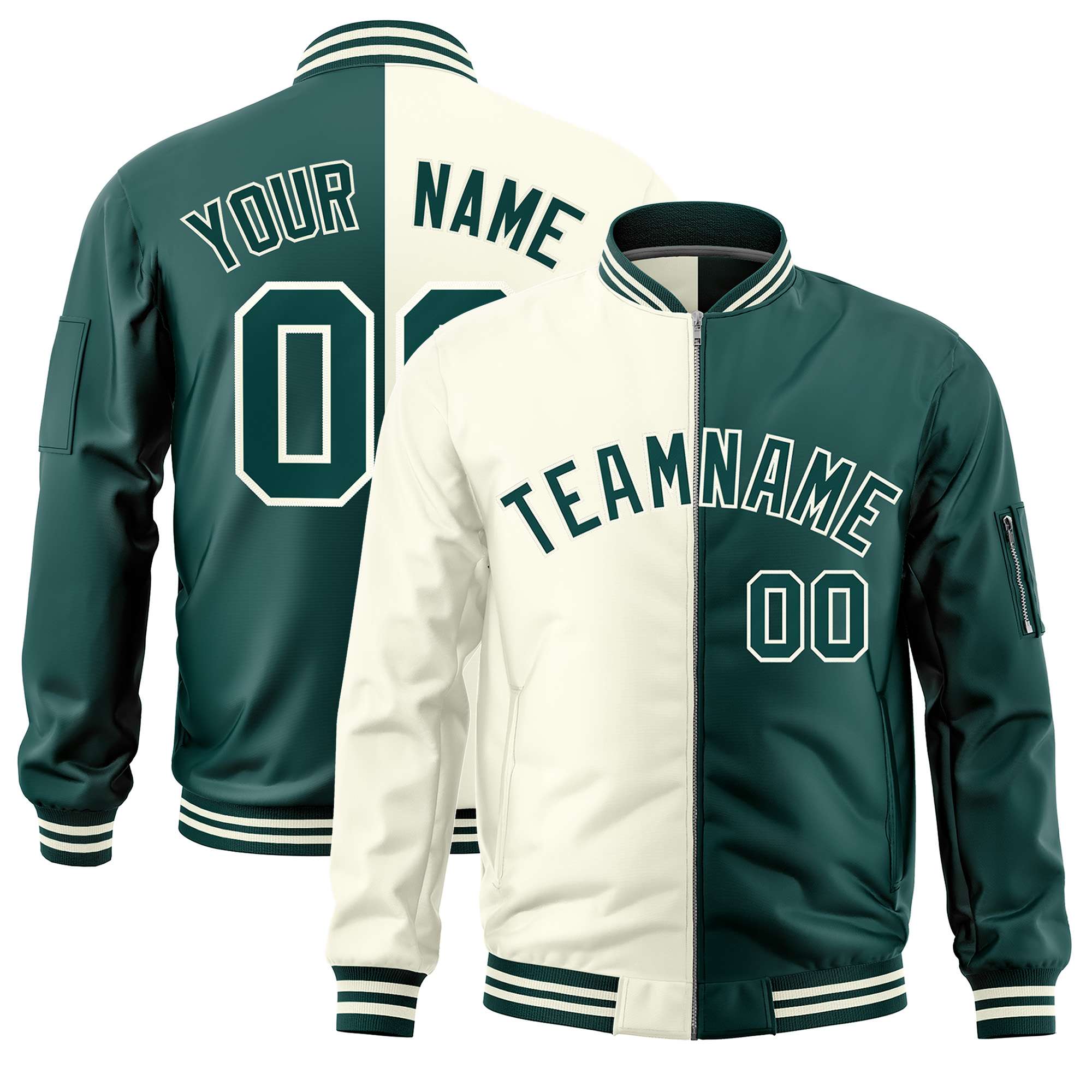 Custom Cream Midnight Green Split Varsity Full-Zip Two Tone Letterman Bomber Jacket