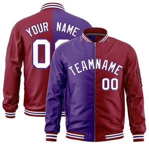 Custom Purple Crimson Split Varsity Full-Zip Two Tone Letterman Bomber Jacket