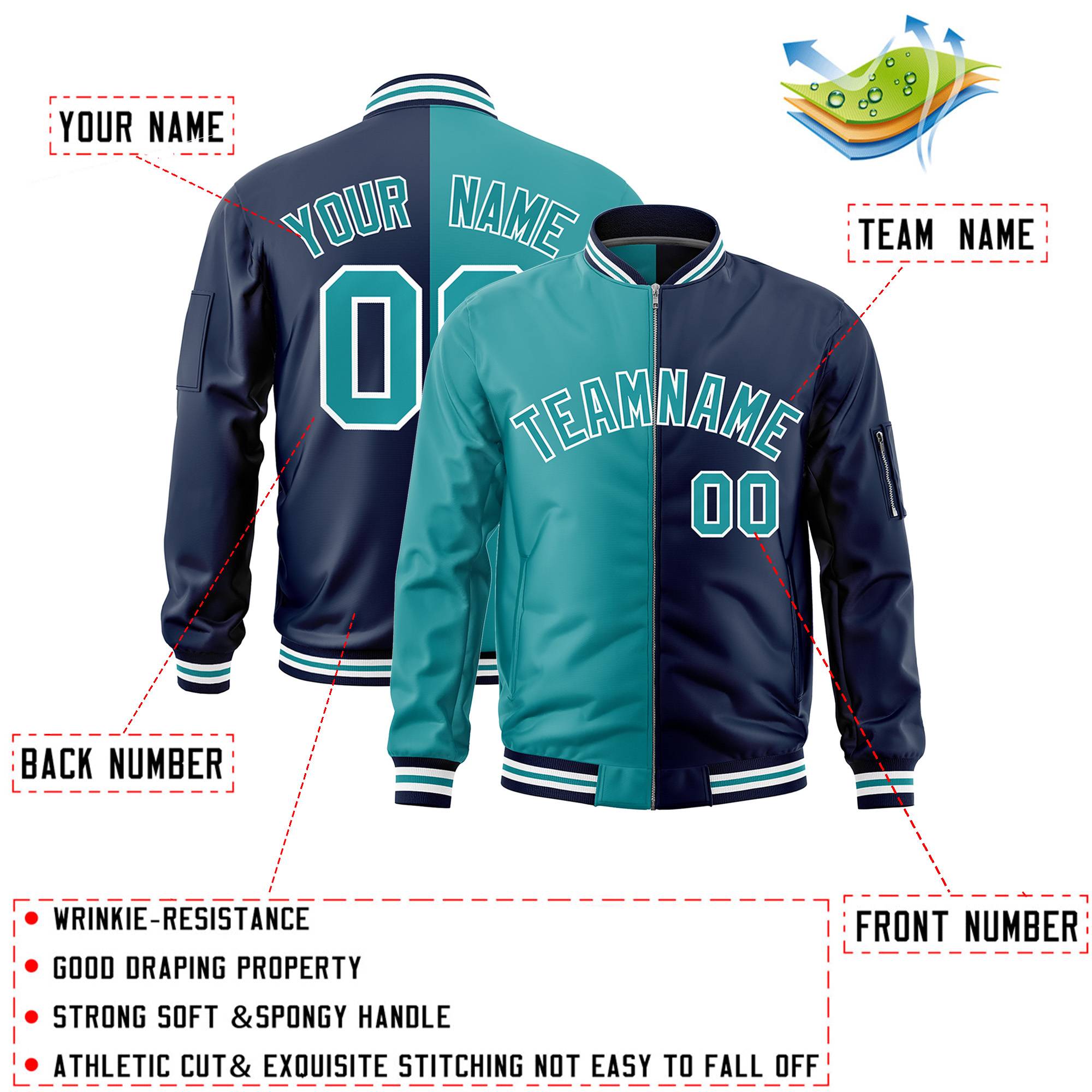 Custom Aqua Navy Split Varsity Full-Zip Two Tone Letterman Bomber Jacket