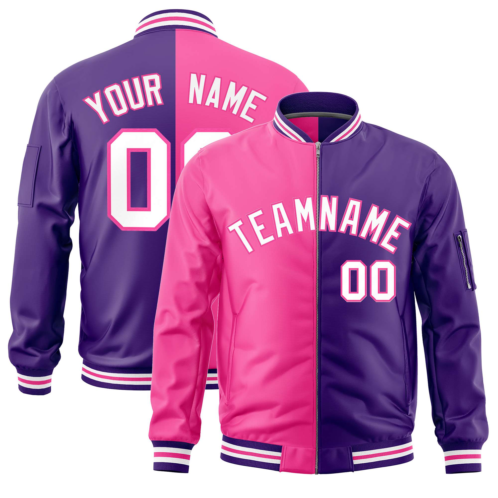 Custom Pink Purple Split Varsity Full-Zip Two Tone Letterman Bomber Jacket