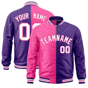 Custom Pink Purple Split Varsity Full-Zip Two Tone Letterman Bomber Jacket