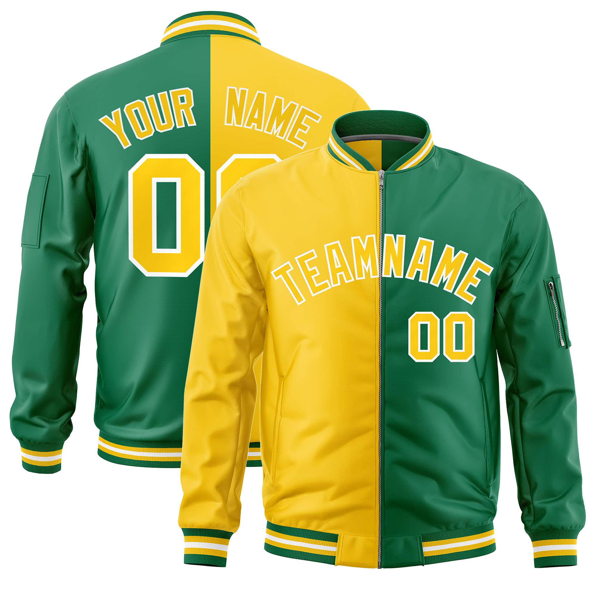 Custom Gold Kelly Green Split Varsity Full-Zip Two Tone Letterman Bomber Jacket