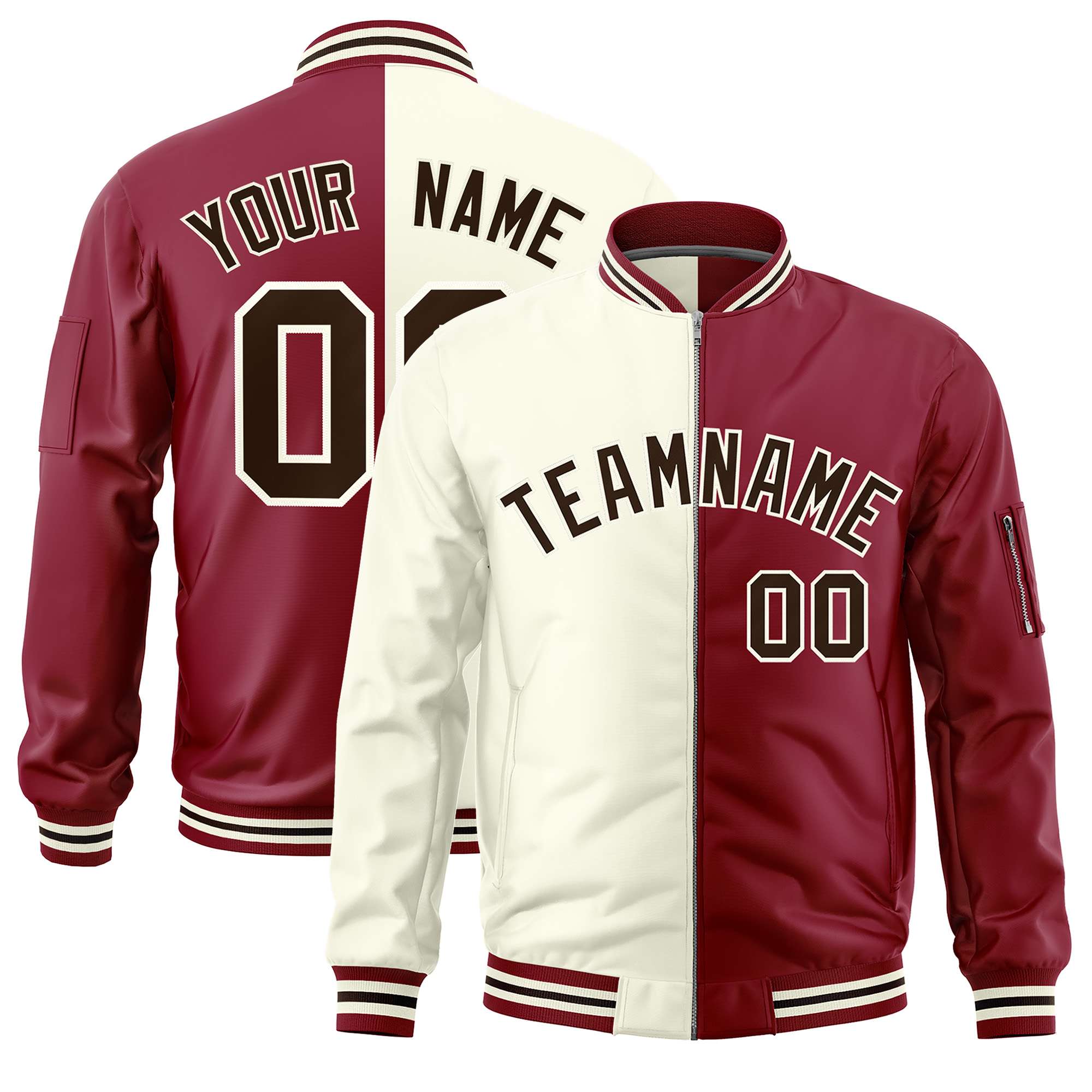 Custom Cream Crimson Split Varsity Full-Zip Two Tone Letterman Bomber Jacket