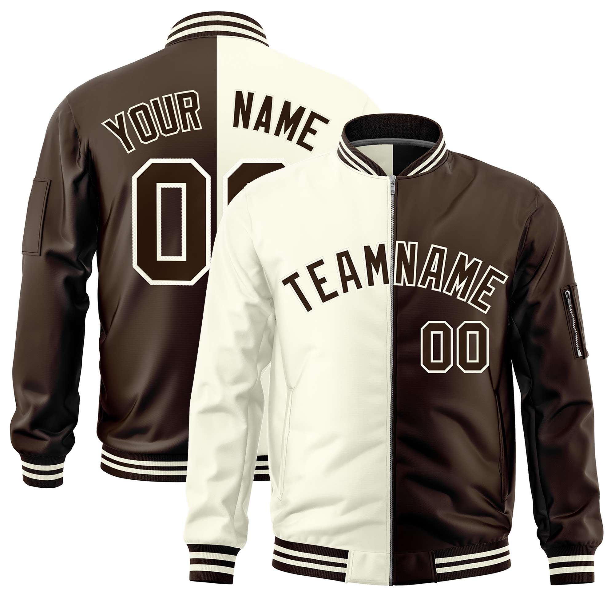 Custom Cream Brown Split Varsity Full-Zip Two Tone Letterman Bomber Jacket