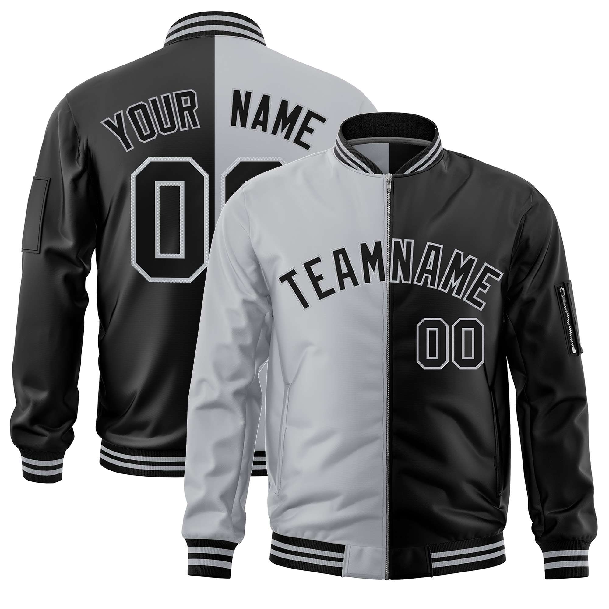 Custom Gray Black Split Varsity Full-Zip Two Tone Letterman Bomber Jacket