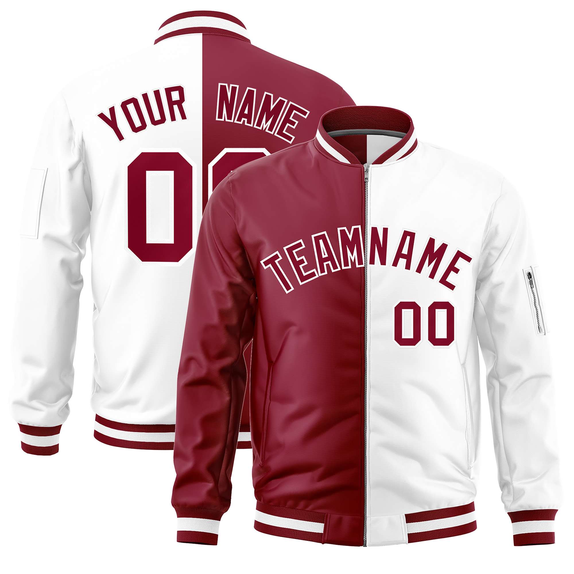 Custom Crimson White Split Varsity Full-Zip Two Tone Letterman Bomber Jacket