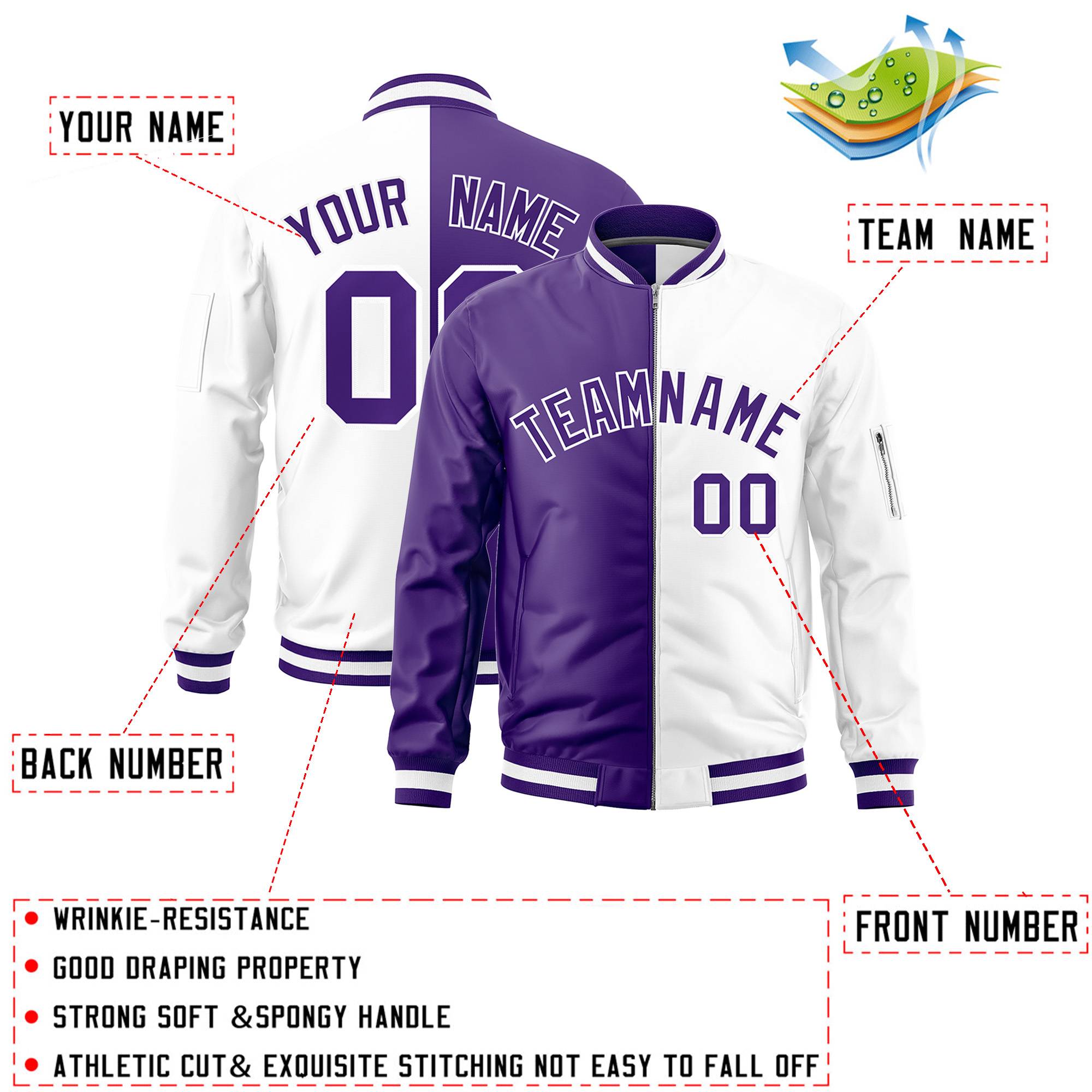 Custom Purple White Split Varsity Full-Zip Two Tone Letterman Bomber Jacket