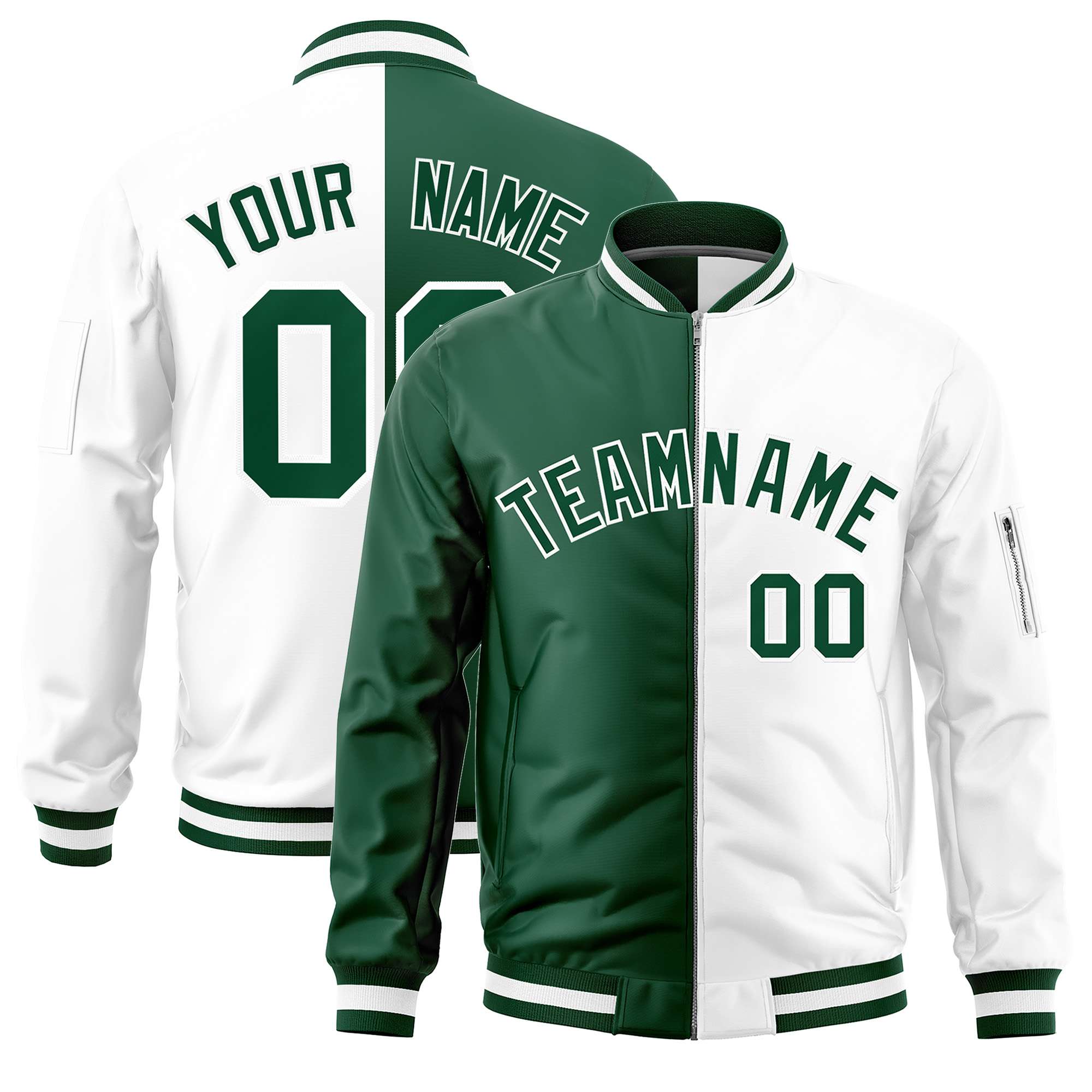 Custom Green White Split Varsity Full-Zip Two Tone Letterman Bomber Jacket