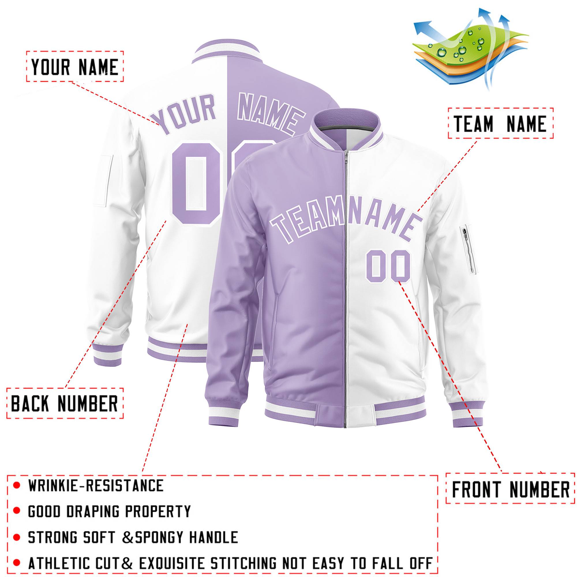 Custom Light Purple White Split Varsity Full-Zip Two Tone Letterman Bomber Jacket