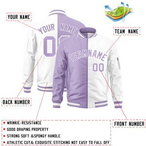 Custom Light Purple White Split Varsity Full-Zip Two Tone Letterman Bomber Jacket