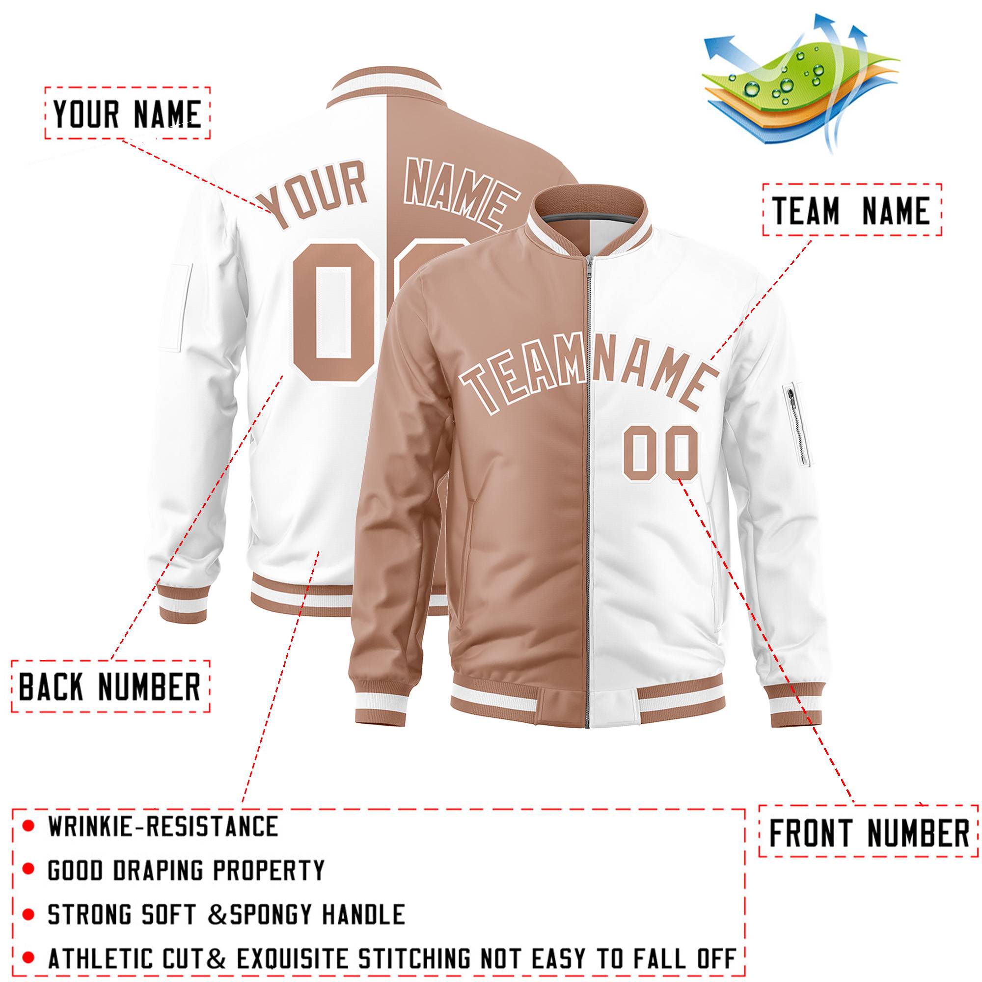 Custom Light Brown White Split Varsity Full-Zip Two Tone Letterman Bomber Jacket